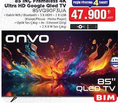 ONVO 85VQ90F3UA 85 İNÇ FRAMELESS 4K ULTRA HD GOOGLE QLED TV AKILLI TELEVİZYON fiyat ve kampanya bilgisi